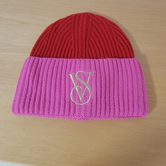 Accessories - 🤍 Victoria's Secret Red and Pink Knit Beanie with Gold Logo